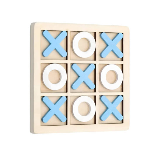 Wooden tic-tac-toe game with blue and white pieces on a beige background