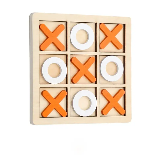 Wooden tic-tac-toe game with orange and white pieces on a beige background